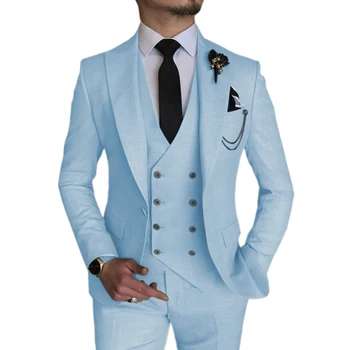 Последни Sky Blue сватба мъже костюми костюм Homme връх ревера младоженец смокинги най-добър човек абитуриентски блейзър 3 парче бизнес Терно Masculino