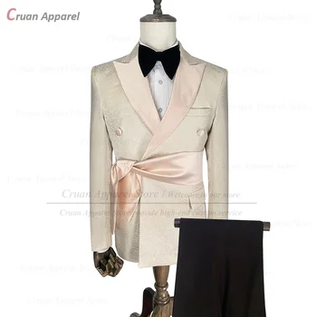Разпродажба на клирънс Луксозни шампанско костюми за мъже 2 броя тънък годни лъскави точки блейзър панталони колан комплект абитуриентски сватбени смокинги