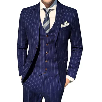 3 бр. Сако панталони Vest Suit Set / Gentleman Slim Fit Stripe Blazers Палто Панталони Талия Мъжка сватбена рокля Groomsmen Дрехи
