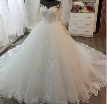 Красива принцеса сватбена рокля роба De Mariee дълги ръкави апликации знаменитост топка рокля Vestido де Noiva булката рокля