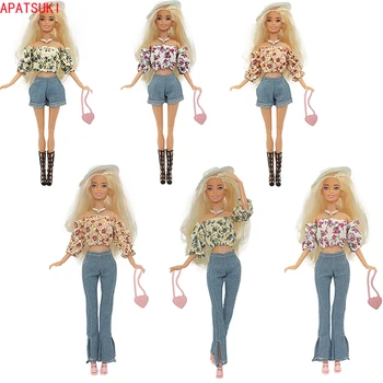 Многоцветни дрехи комплект за кукла Барби уникален цветен топ сини шорти панталони колие чанта обувки екипировки 1/6 кукли аксесоари