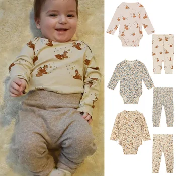 0-24M новородено дете бебе момчета момичета дрехи комплект печат дълъг ръкав боди отгоре и панталон костюм сладък памук 2бр облекло комплект облекло облекло