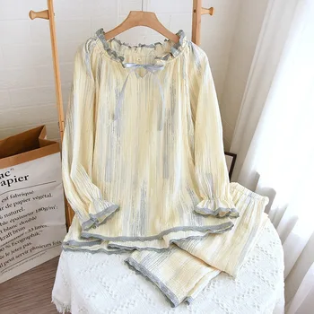 Пролет и лято Нова дамска пижама дълъг ръкав панталони от две части комплект 100% памук креп дантела кръг врата прост костюм за домашно облекло