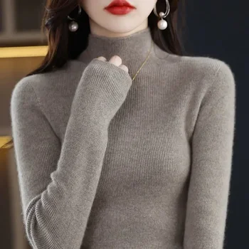 Пуловер пуловер половин висока яка подложка за жени есен/зима 2023 случайни твърди дълъг ръкав плетен пуловер пуловер жени