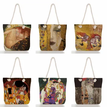 Външна модна чанта Преносима чанта за рамо за пътуване Златна маслена живопис Мода отпечатана пазарска чанта Сгъваема Tote Eco Friendly