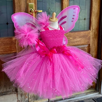Фея Cosplay Tutu рокля с крило комплект за деца рожден ден парти снимка момичета бебе фея косплей гореща розова рокля пачка