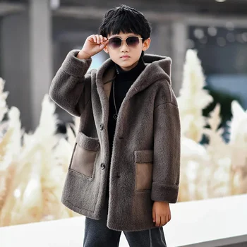 Kids Real Natural Mink Fur Overcoat For Boys Casual Style Children Thick Hooded Long Coats Warm Coat Clothing
