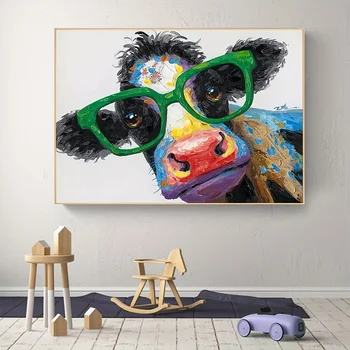 Абстрактен цвят крава със зелени очила живопис, акварел стена изкуство, животински платно печат плакат картина за детска стая дома декор