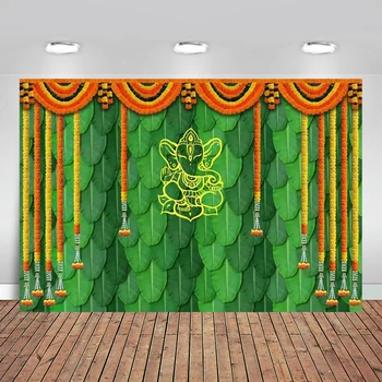 Индия Pooja традиционна фотография фон банан листа зелен Chatiya Ganesh фон невен пуджа Ганпати сватба гоблен