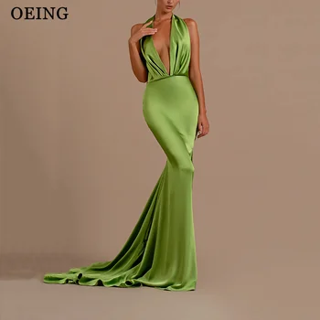 OEING Зелени абитуриентски рокли Секси без гръб Дълбоко V-образно деколте Suspender Плисирана вечерна рокля Специален повод рокля Vestidos De Noche