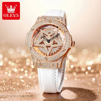 OLEVS Дамски часовници Flash Diamonds Снежинка кварцов часовник за жени Оригинален водоустойчив кожен ръчен часовник Модни тенденции звезди
