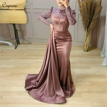 Ciynsia дълги ръкави реколта вечерна рокля русалка мъниста сатен елегантен арабски хиджаб официален повод рокли халати де соаре