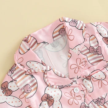 Малко дете бебе момиче Великден пижами зайче печат бутон надолу риза и пижами шорти коприна PJs комплекти сладък летни дрехи