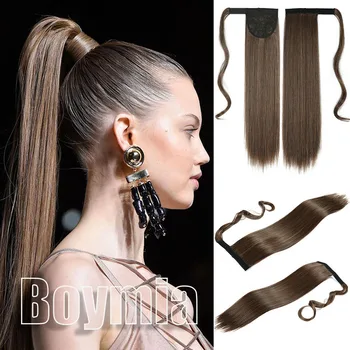 22Inch Long Straight Ponytail Hair Синтетични разширения Топлоустойчива коса Wrap около пони прическа за жени BOYMIA