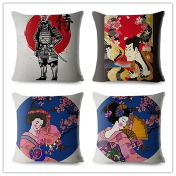 Japan Style Warrior Geisha Print Pillow Cover 45 * 45cm Square Cushion Cover Спално бельо Хвърли възглавници Случаи Начало Декор Възглавница Covers