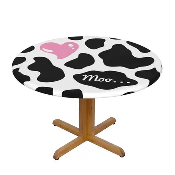 Сладък кравешки печат кръгла маса кърпа водоустойчива покривка за маса, подкрепена с еластичен ръб за вътрешен външен домашен декор