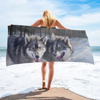 Cool Wolf Зимна плажна кърпа Подаръци Микрофибър Бързо сухо супер мека баня Кърпи за баня Пътуване Къмпинг Йога фитнес за мъже жени