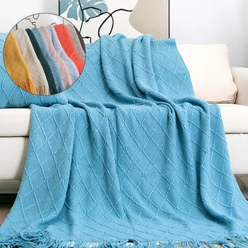 Monocromático malha Tassel cobertor, diamante Tassel, cama Tail cobertor, verão fina lã cobertor, ar condicionado Nap toalha