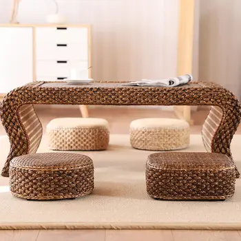 ратан нисък стол ръчно изработен сламен диван табуретка диван масичка за кафе табуретка хол татами малък стол японски прозорец възглавница