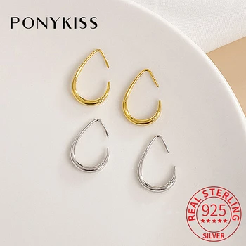 PONYKISS Trendy Real 925 стерлинги сребро геометрични 14K кука обръч обеци за жени класически фини бижута минималистични аксесоари