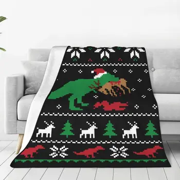 Динозавър Грозен коледен пуловер Забавен коледен подарък плетено одеяло Размити одеяла за хвърляне Спалня Декорация на дивана Топло спално бельо