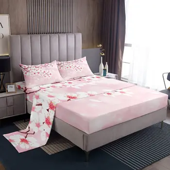 Cherry Blossoms Sheet Set Розов романтичен цвете Тема King Queen Пълен двоен размер спално бельо за деца момичета жени спалня декор