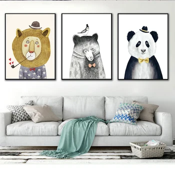 Карикатура животински плакат отпечатъци Лъв мечка панда платно живопис за детска стая платно изкуство Начало декор стена изкуство плакат
