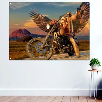 Крилат ангел момиче мотоциклет стена изкуство гоблен декоративни банери флаг плакати кръчма клуб човек пещера бар гараж стена декор живопис