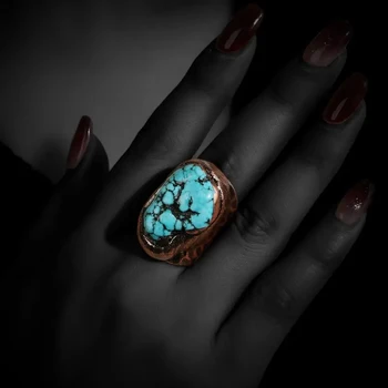 YEEVAA Син тюркоаз регулируем отворен пръстен лечебен кристален камък скъпоценен камък пръстен бронзово покритие ръчно изработени бижута подарък