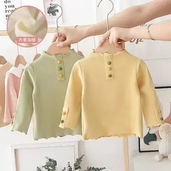 Пролет и есен 2023 Бебешка детска корейска тениска с висока яка за момичета с дъно
