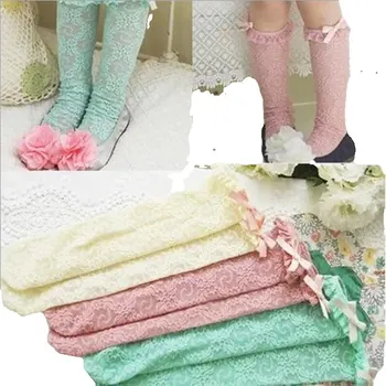 Лято 1-5 годишни момичета Hollow Out дантела Bowknot Чорапи до коляното Принцеса чорапи Детски чорапи 3 чифта / партида