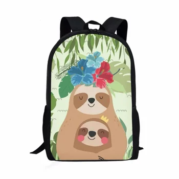 Сладък ленивец печат чанти за момичета момчета първични флорални листа тийнейджър училище раница карикатура животински книга чанта 16in