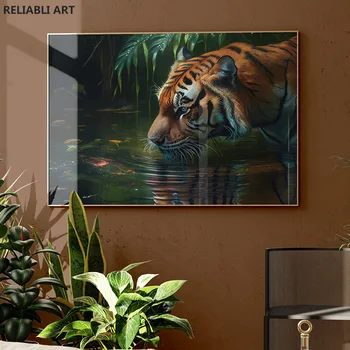 Бенгалски тигър питейна вода живопис стена арт печат, Кали тигър резерват, тропическа природа печат стена декор, подарък за любителите на тигри