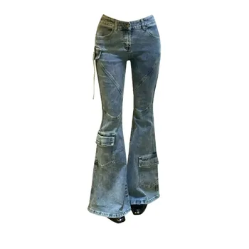 Реколта твърди дънкови панталони за жени висока талия пачуърк джобове улично облекло отслабване пристъпни панталони женски пролетно облекло 2024
