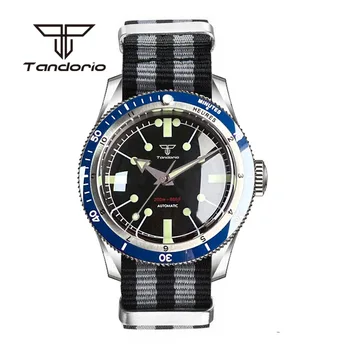 Tandorio 40mm Мъжки механичен автоматичен ръчен часовник Двоен куполен сапфир кристално черен циферблат NH35A PT5000 120 кликвания син панел