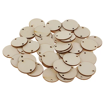 50 броя кръгли дървени парчета, дървени кръгове дискове с дупки за декорация на дома DIY занаятчийски консумативи, 35 x 2 mm