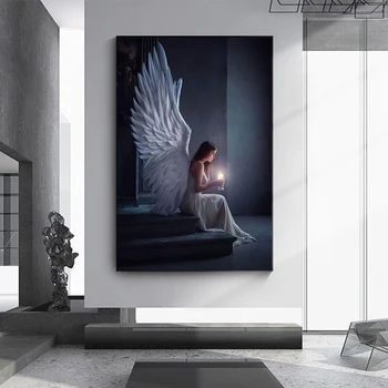Модерен ангел се моли изкуство платно живопис стена декорация момиче държи свещ плакат хол естетически дом декорация Cuadros