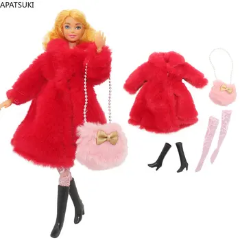Red Faux Fur Long Coat Jacket Clothes Set For Barbie Doll Outfits Socks Boots Shoes Bag 1/6 Dolls Accessories Kids Toys 1:6