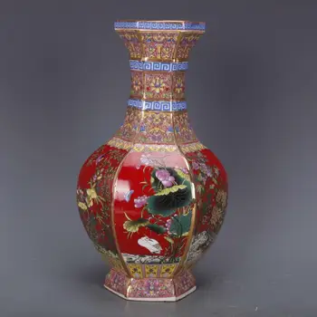 Китайски червен емайл порцелан Цин Yongzheng лотос & кран дизайн ваза 9.96 инча