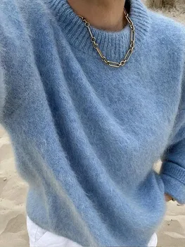 Мода мохер кашмир пуловери за жени случайни дълъг ръкав плетени пуловери 2023 есен мулти стил всички мач дама трикотаж