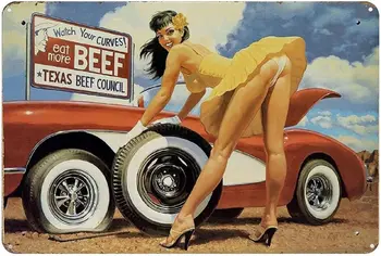 Красива жена в жълта пола заменя червени автомобилни гуми метален калай знак, реколта плакет плакат гараж бар дома стена декор