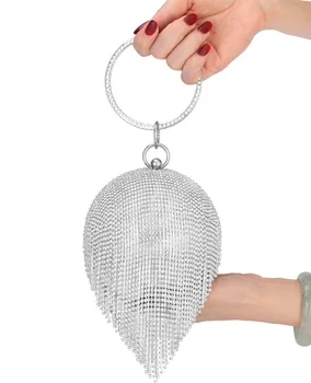 Sliver Diamonds Rhinestone кръгла топка вечерни чанти за жени 2022 Модни мини пискюли съединител чанта Дамски пръстен чанта съединители
