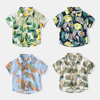 Лятна риза с къс ръкав за нови момчета плажни момчета с щампа на листа бебешка чужда стилна риза с къс ръкав Мъжки топ