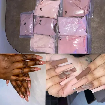 50g голи нокти изкуство акрилен прах, 3 в 1Nude цвят кристал розово кафяво разширение / потапяне / гравиране нокти прах, с поли нокти гелове