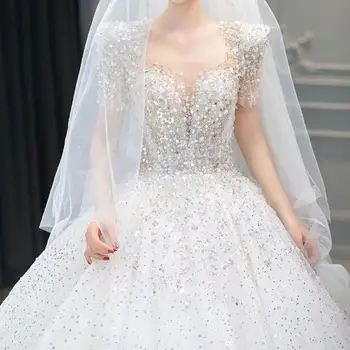 2023 Лятна нова луксозна сватбена рокля с къс ръкав Секси V-образно деколте бродерия дантела апликация булчинска рокля топка рокля Vestido De Novia