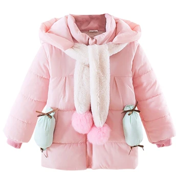 Детско пухено яке Памучно подплатено палто Момичета Зимни снежни облекла Топло качулка малко дете ватирани палто Връхни дрехи с шал
