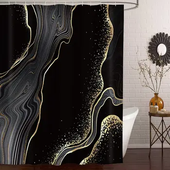 черно злато мрамор пукнатина баня душ завеса луксозен абстрактен деко текстурирани геод изкуство полиестер плат куки баня завеса комплект