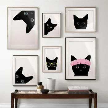 Портретно изкуство Черна котка плакати Начало декор черна котка печат стена плакат Nordic за хол подарък домашен любимец портрет платно живопис
