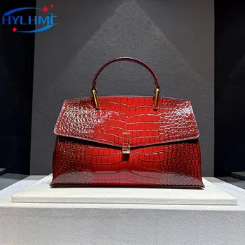 Луксозна мода кожени жени чанти крокодил модел дама рамо пратеник червена чанта нов голям капацитет преносими черупки чанти
