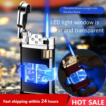 Creative Retro Straight Jet Blue Flame Butane Torch Lighter Transparent Gas Warehouse Luminous Lighter Gift Мъжки джаджи